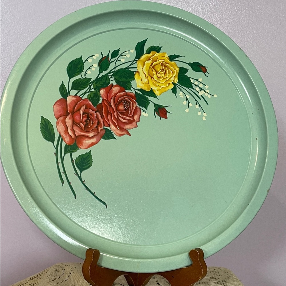 Hand-Painted Floral Metal Tray - Minty blue  with Rose Motif